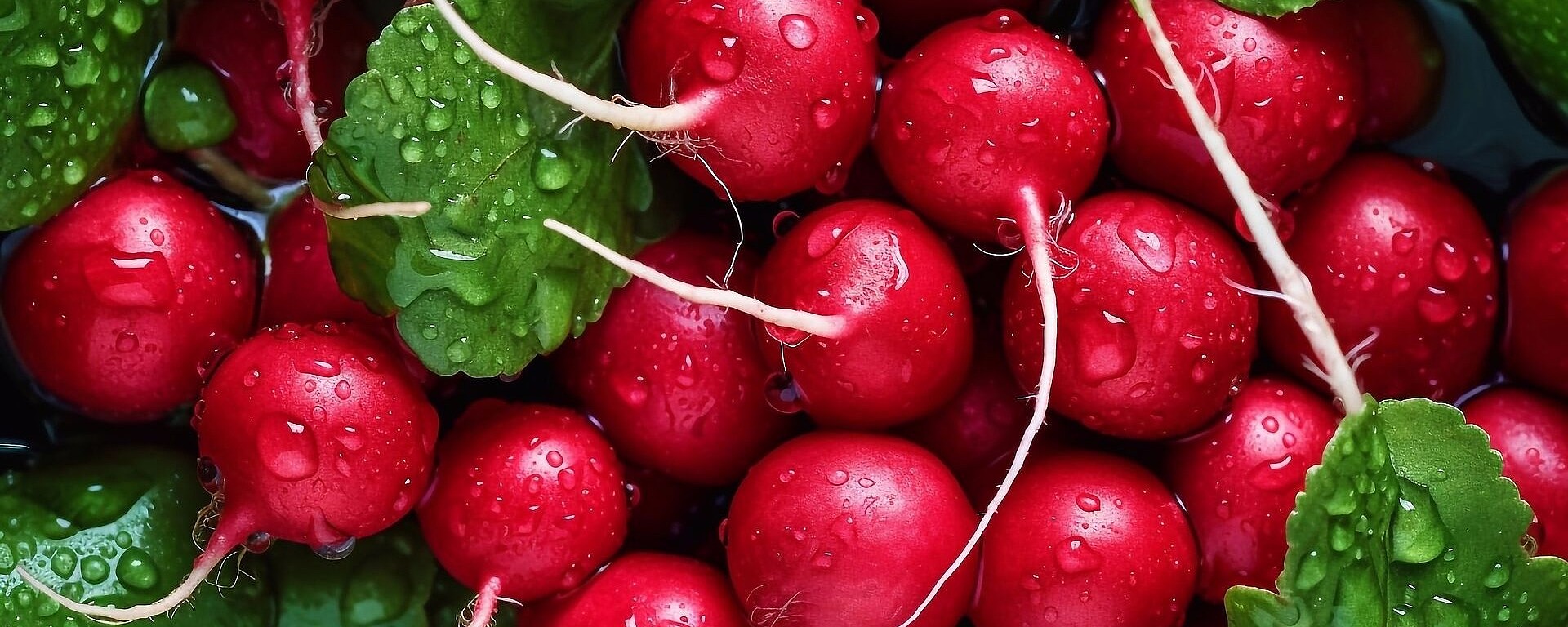 Eine Nahaufnahme von frischen, leuchtend roten Radieschen mit grünen Blättern, die mit Wassertropfen bedeckt sind, was für ein glänzendes und erfrischendes Aussehen sorgt.