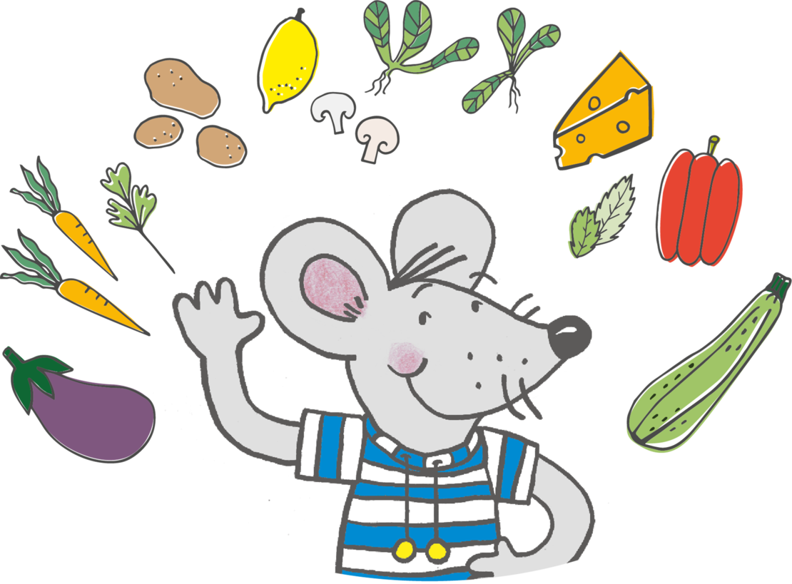 Illustration einer lächelnden, winkenden Maus in einem gestreiften Hemd, umgeben von Zeichnungen von Gemüse, Käse und Kräutern, darunter Kartoffeln, Karotten, Pilze, Auberginen, Käse, Paprika und Blattgemüse.