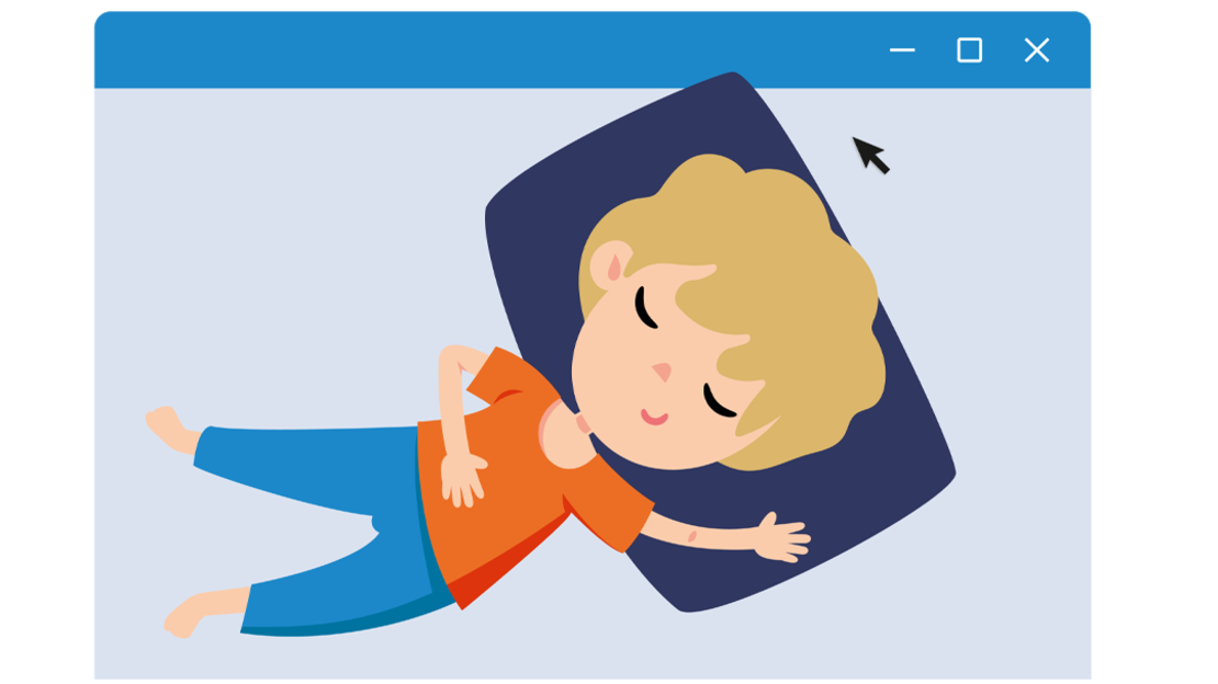 Eine Illustration eines Kindes mit blonden Haaren, das friedlich auf einem dunkelblauen Kissen schläft, ein rotes Hemd und eine blaue Hose trägt und darüber einen Computerfensterrahmen und einen Mauszeiger sieht.