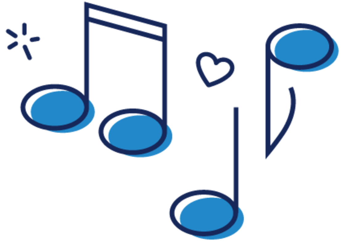 Eine einfache Illustration von blau umrandeten Musiknoten, einem Herz und einem kleinen Sternsymbol, alle mit blauer Schattierung, auf einem weißen Hintergrund.