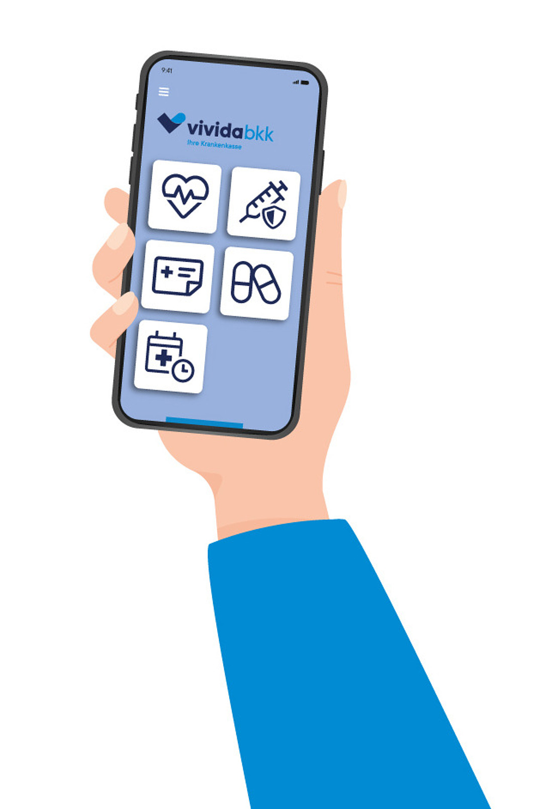 Abbildung einer Hand, die ein Smartphone hält, auf dem die Gesundheits-App Vivida BKK mit Symbolen für Herzgesundheit, Impfung, Medikamente, medizinische Dienste und Versicherung angezeigt wird.