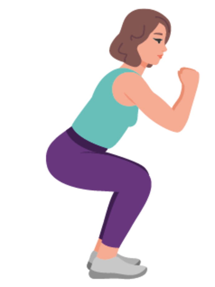 Illustration einer Frau mit kurzen braunen Haaren, die ein blaugrünes Tank-Top, eine lila Hose und graue Schuhe trägt und eine Hocke mit angewinkelten Armen ausführt.