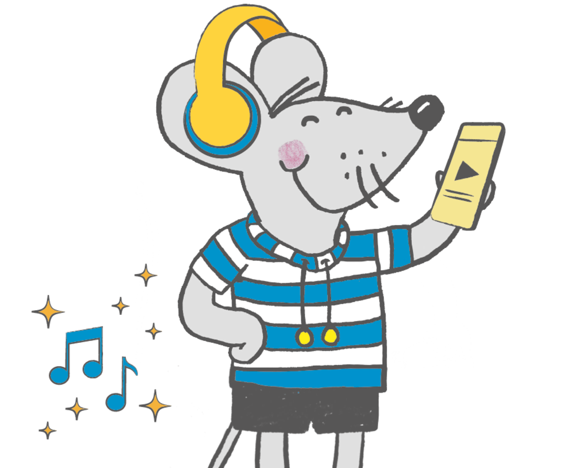 Eine lächelnde Cartoon-Maus mit gelben Kopfhörern und einem blau gestreiften Hemd hört Musik auf einem Smartphone, während Noten und Glitzer in der Nähe schweben.