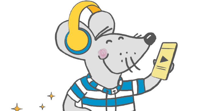 Eine lächelnde Cartoon-Maus mit gelben Kopfhörern und einem blau gestreiften Hemd hört Musik auf einem Smartphone, während Noten und Glitzer in der Nähe schweben.