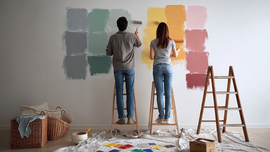 Ein Mann und eine Frau stehen auf Leitern und malen Farbmuster auf eine weiße Wand. Auf dem Boden liegen Farbmuster, Pinsel und ein Abdecktuch, daneben stehen Körbe und Stoffe. Sie testen verschiedene Schattierungen von Grün, Blau, Grau, Gelb, Pfirsich und Rot.