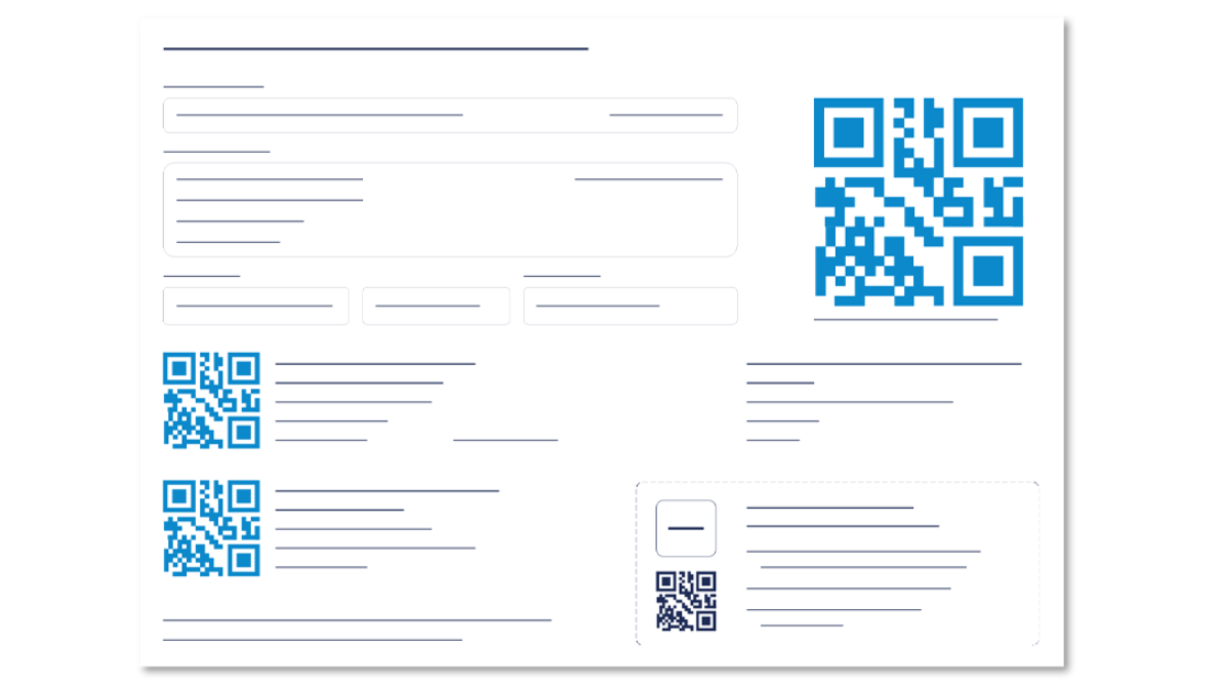 Ein digitales Formular mit mehreren blauen QR-Codes, Linien, die Textfelder darstellen, und Kästen für die Eingabe von Informationen auf weißem Hintergrund. Die Elemente sind in einem organisierten Layout mit verschiedenen Textblöcken angeordnet.