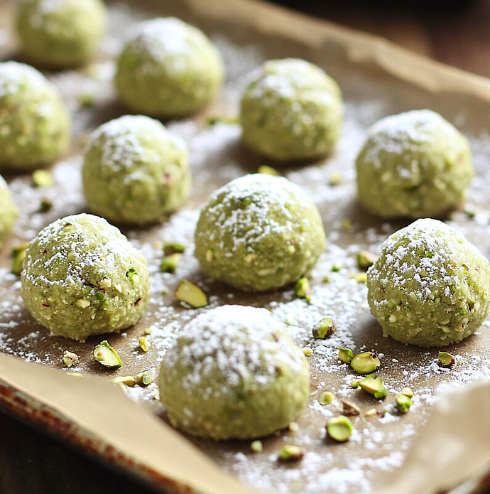 Grüne Pistazienkugeln mit Puderzucker bestreut, auf einem Blatt Pergamentpapier angeordnet und mit kleinen gehackten Pistazienstücken bestreut.