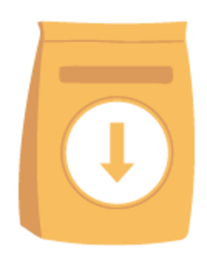 Eine braune Papiertüte mit einem weißen Kreis auf der Vorderseite und einem nach unten zeigenden orangefarbenen Pfeil im Inneren des Kreises.