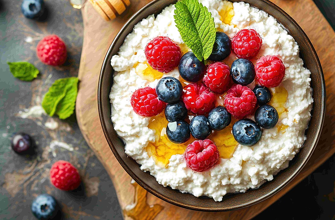 Eine Schüssel Hüttenkäse mit frischen Himbeeren, Blaubeeren, Honig und einem Minzblatt steht auf einem Holzbrett; weitere Beeren und Minzblätter liegen daneben.