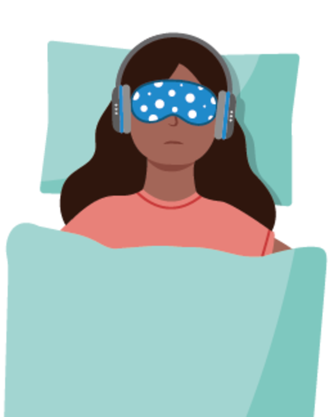 Eine Frau liegt im Bett unter einer blaugrünen Decke, trägt ein rosa Hemd, eine blau gepunktete Schlafmaske und blaue Kopfhörer und stützt ihren Kopf auf ein grünes Kissen.
