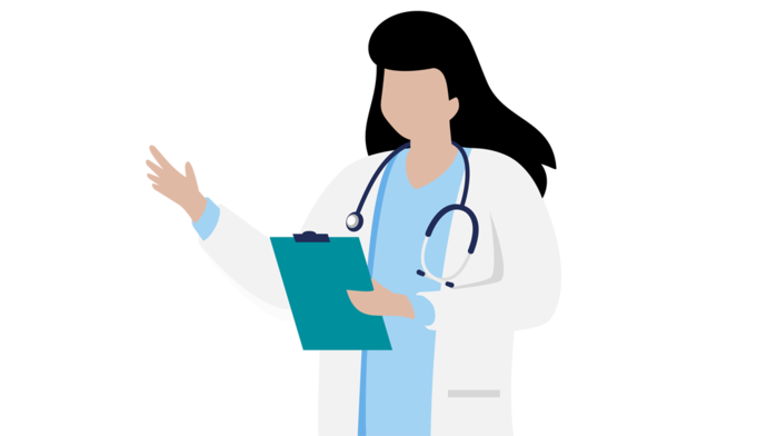 Illustration eines Arztes mit weißem Kittel und Stethoskop, der ein Klemmbrett hält und mit einem Patienten Informationen bespricht.