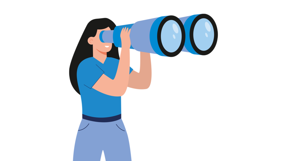 Eine Illustration einer Person, die durch ein Virtual-Reality-Headset schaut, mit großen Händen, die das Headset einstellen, und zwei runden Formen im Hintergrund. Die Farbpalette besteht hauptsächlich aus Blau und Beige.