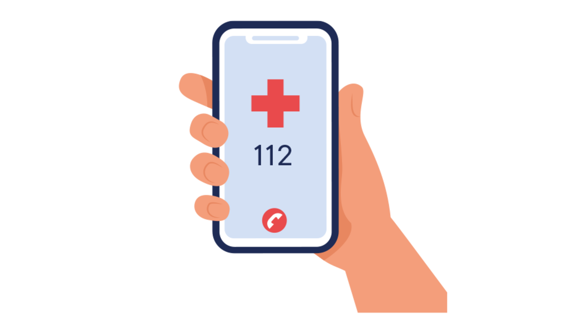 Illustration einer Hand mit Smartphone, darauf die Nummer 112