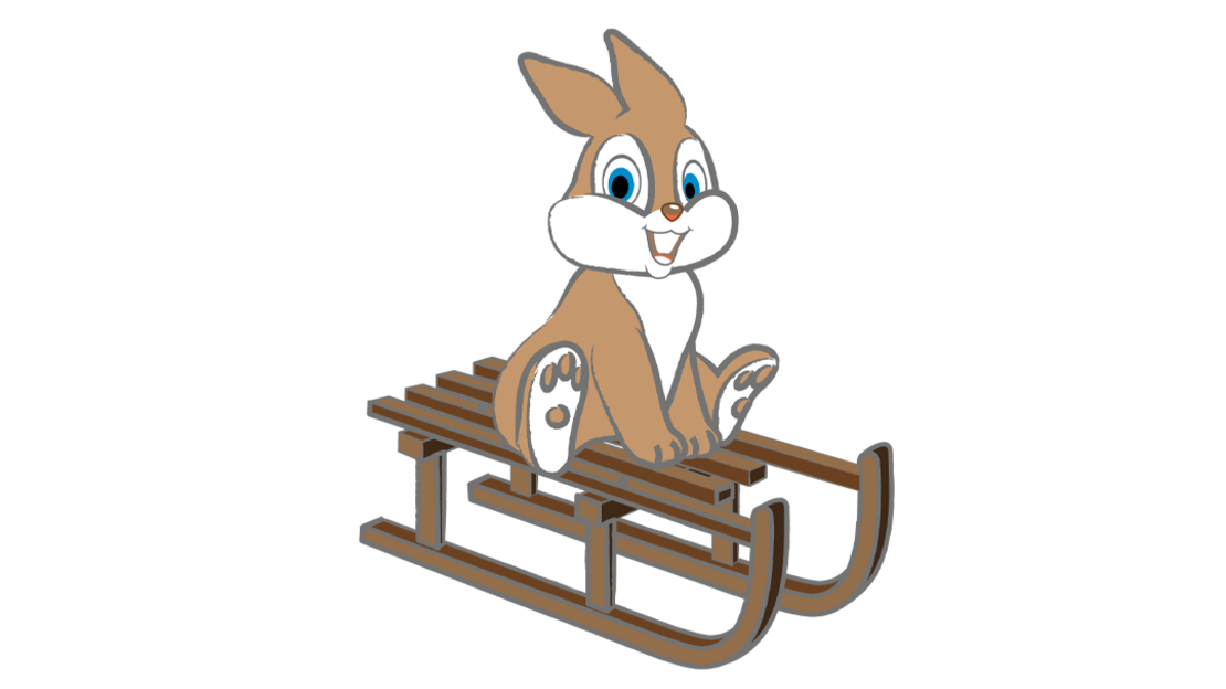 Ein lächelnder Cartoon-Hase mit blauen Augen sitzt auf einem braunen Holzschlitten und blickt nach vorne, wobei seine weißen Pfoten sichtbar sind und er die Ohren spitzt.
