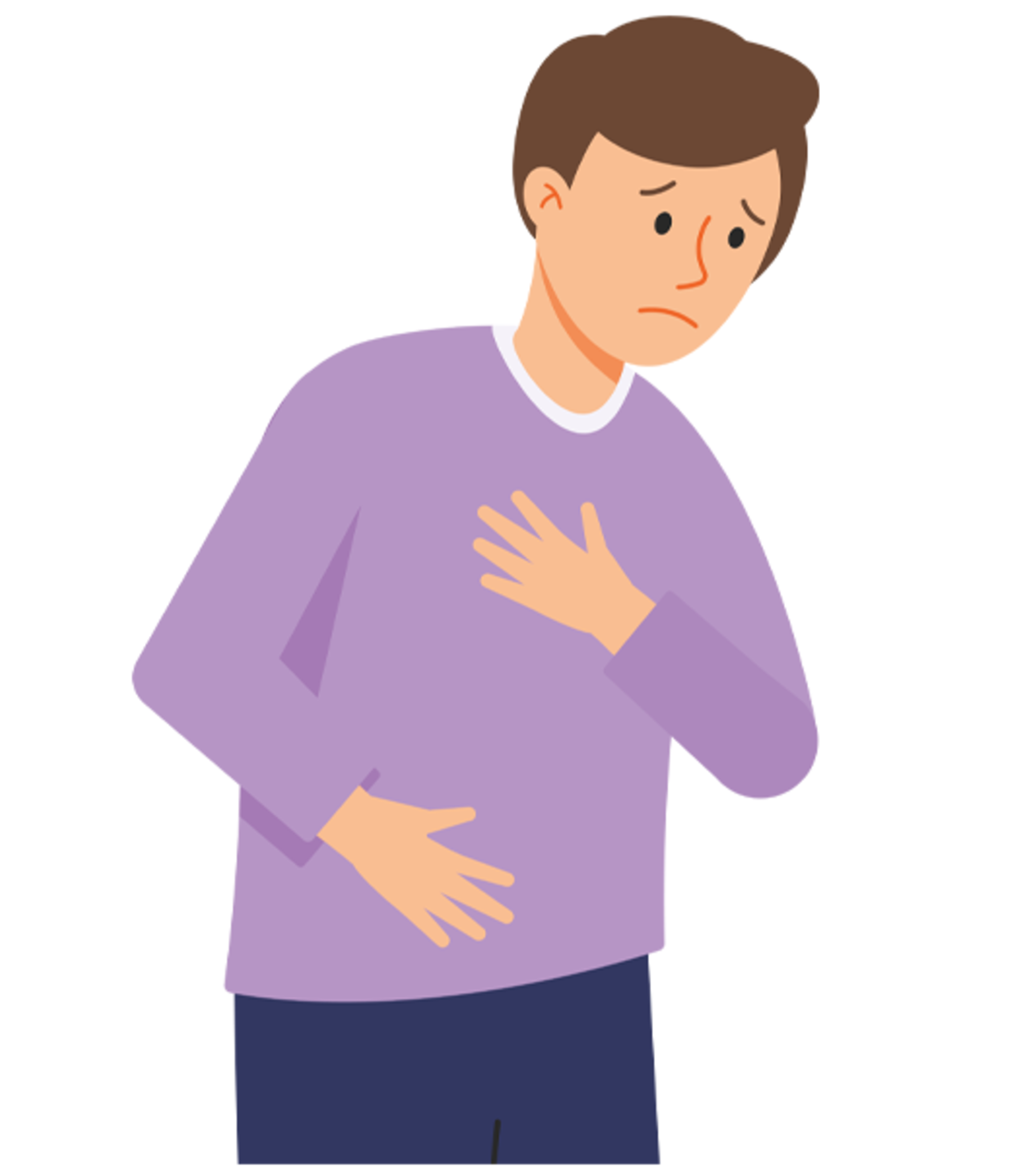 Illustration einer besorgt dreinblickenden Person, die sich mit einer Hand die Brust und mit der anderen den Bauch hält, was auf Unbehagen oder Schmerzen schließen lässt.