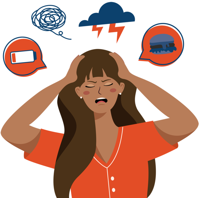 Illustration Person mit Stress, Umwelteinflüssen, ungesunde Ernährung