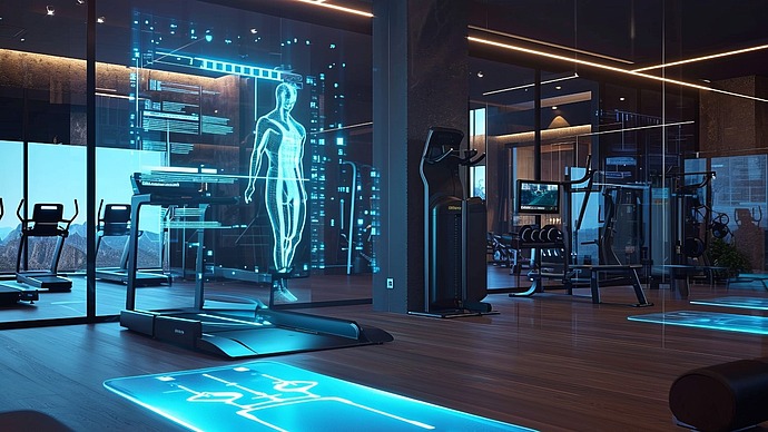 Ein futuristisches Fitnessstudio mit neonblauen Lichtern und holografischen Displays. Es umfasst Laufbänder, Heimtrainer und Gewichthebergeräte, wobei zur virtuellen Fitnessanleitung eine digitale menschliche Figur projiziert wird.