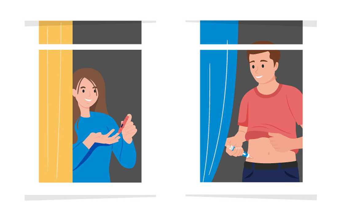 Abbildung: Eine Frau sticht sich an einem Fenster in den Finger für eine Blutuntersuchung, und ein Mann spritzt sich an einem anderen Fenster eine Spritze in den Bauch. Beide führen wahrscheinlich Aufgaben zur Behandlung ihres Diabetes durch.