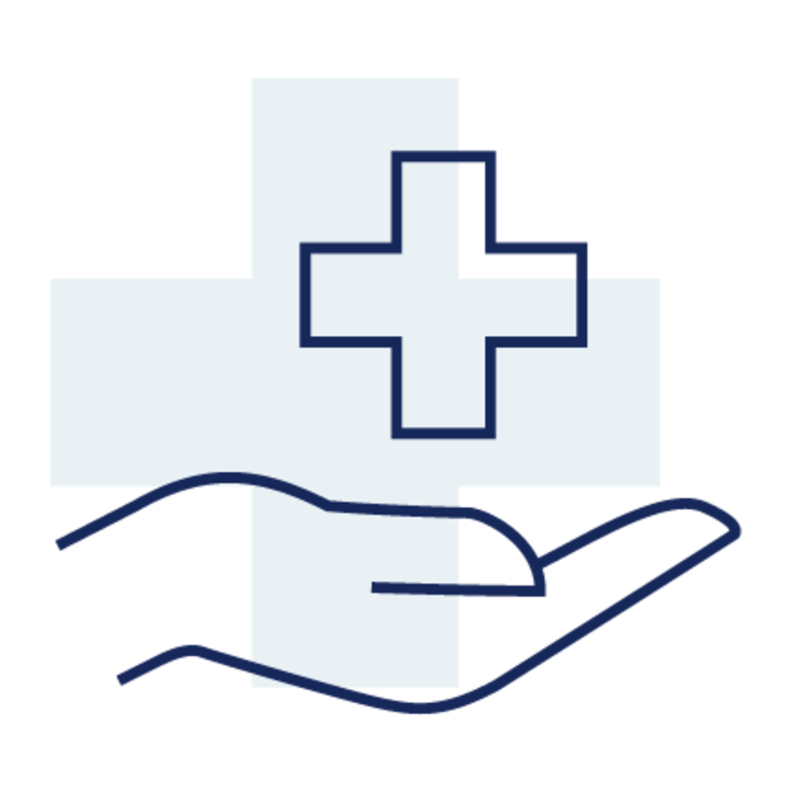 Der Umriss einer geöffneten Hand unter einem medizinischen Kreuz, mit einem größeren hellblauen Kreuz im Hintergrund, das Gesundheitsfürsorge oder medizinische Hilfe darstellt.