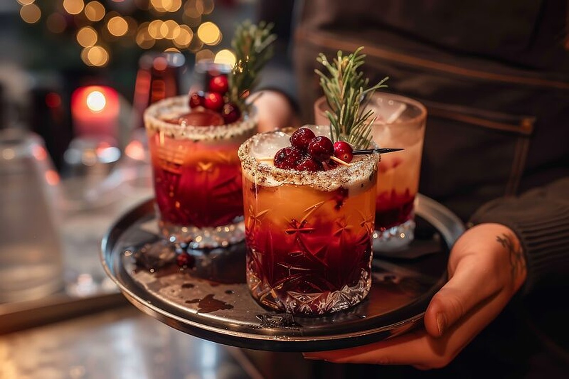 Eine Person hält ein Tablett mit drei festlichen Cocktails, garniert mit Cranberries und Rosmarinzweigen. Die Drinks sind in verschiedenen Rot- und Orangetönen gehalten und werden in dekorativen Gläsern serviert. Warme, verschwommene Lichter leuchten im Hintergrund.