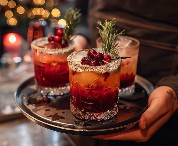 Eine Person hält ein Tablett mit drei festlichen Cocktails, garniert mit Cranberries und Rosmarinzweigen. Die Drinks sind in verschiedenen Rot- und Orangetönen gehalten und werden in dekorativen Gläsern serviert. Warme, verschwommene Lichter leuchten im Hintergrund.