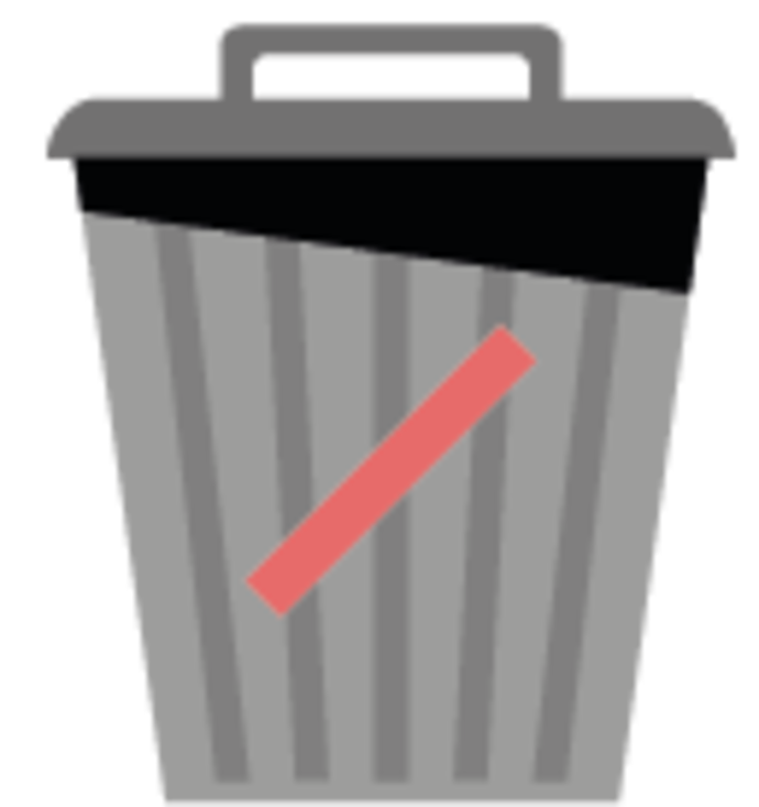 Illustration einer grauen Mülltonne mit schwarzem Deckel und einer roten diagonalen Linie auf der Vorderseite, die symbolisiert, dass kein Müll weggeworfen werden darf.