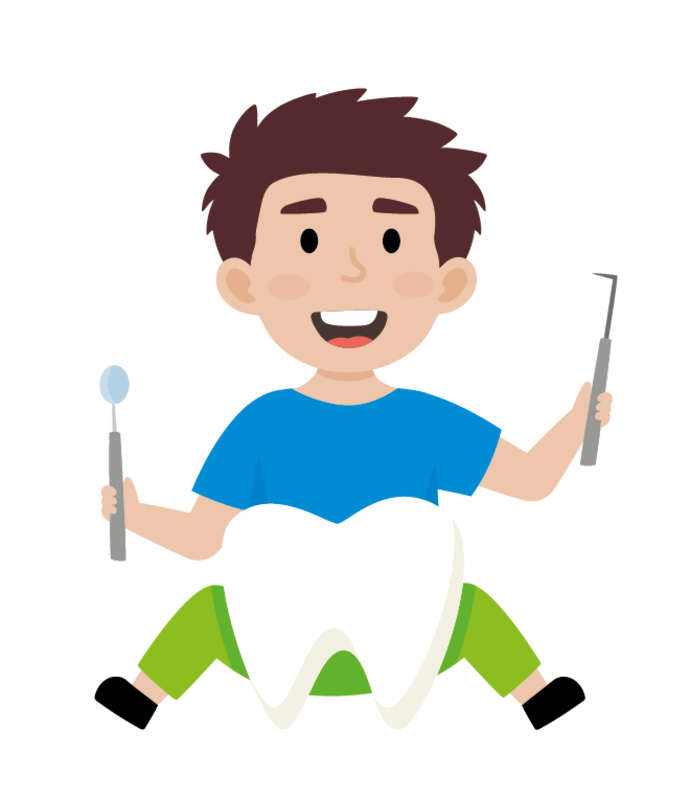 Illustration eines lächelnden Jungen in einem blauen Hemd und einer grünen Hose, der zahnärztliche Werkzeuge in der Hand hält, mit einer großen Zahngrafik vor sich.