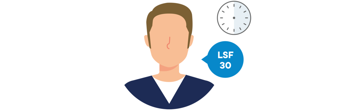 Minimalistische Illustration einer Person mit braunen Haaren in einem marineblauen Hemd, einer teilweisen Uhr im Hintergrund und dem Text "LSF 30" auf einer blauen Form daneben.