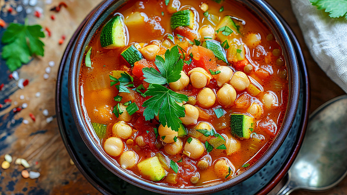 Eine Schüssel Gemüsesuppe mit Kichererbsen, Zucchini, Tomaten und frischer Petersilie, serviert auf einer hölzernen Unterlage mit einem Löffel und einigen Kräutern und Gewürzen daneben.