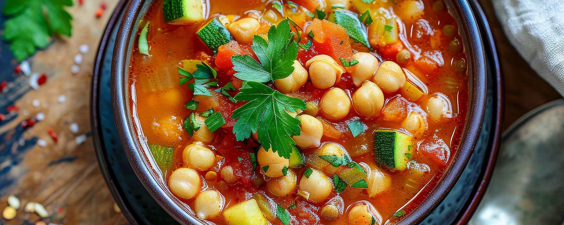 Eine Schüssel Gemüsesuppe mit Kichererbsen, Zucchini, Tomaten und frischer Petersilie, serviert auf einer hölzernen Unterlage mit einem Löffel und einigen Kräutern und Gewürzen daneben.