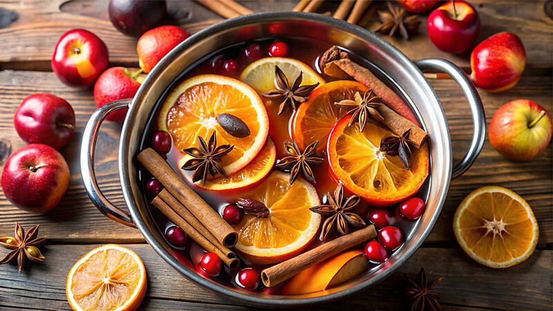 Ein mit Orangenscheiben, Äpfeln, Preiselbeeren, Zimtstangen und Sternanis gefüllter Topf steht auf einem Holztisch, umgeben von frischen Äpfeln und Orangenscheiben, bereit für die Zubereitung eines festlichen Getränks.