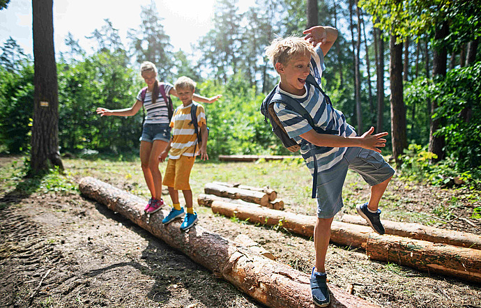 Drei Kinder mit Rucksäcken balancieren und spielen auf einem umgestürzten Baumstamm in einem sonnenbeschienenen Wald, lächeln und genießen die freie Natur. Hohe Bäume und Grünflächen umgeben sie an einem hellen Tag.