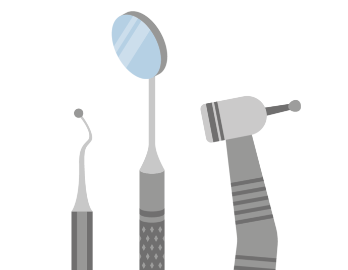 Illustration von drei zahnmedizinischen Werkzeugen: ein Dental Explorer, ein Mundspiegel und ein Zahnbohrer, alle in Grautönen mit einfachen Details auf hellem Hintergrund dargestellt.
