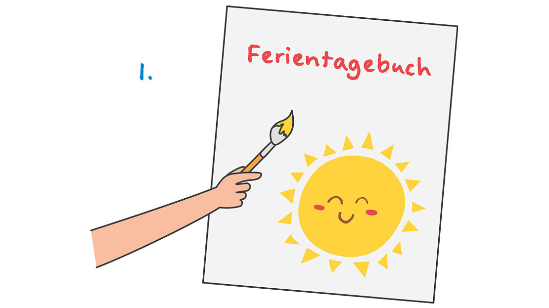 Eine Hand hält einen Pinsel und malt eine lachende Sonne auf ein Papier, auf dem in roten Buchstaben „Ferientagebuch“ steht.