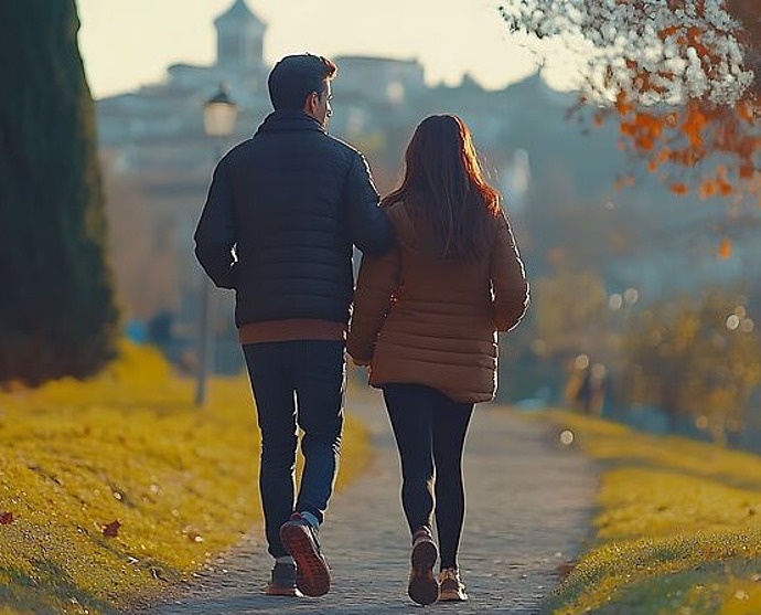 Ein Paar in Jacken spaziert an einem sonnigen Herbsttag Hand in Hand einen von Bäumen gesäumten Weg hinunter, mit orangefarbenen Blättern an den Bäumen und sanftem Sonnenlicht, das die Szene beleuchtet.
