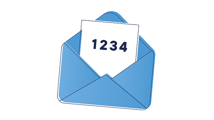 Illustration eines blauen Umschlags mit weißem Papier im Inneren, auf dem die Zahlen "1234" in fetter, dunkler Schrift stehen.