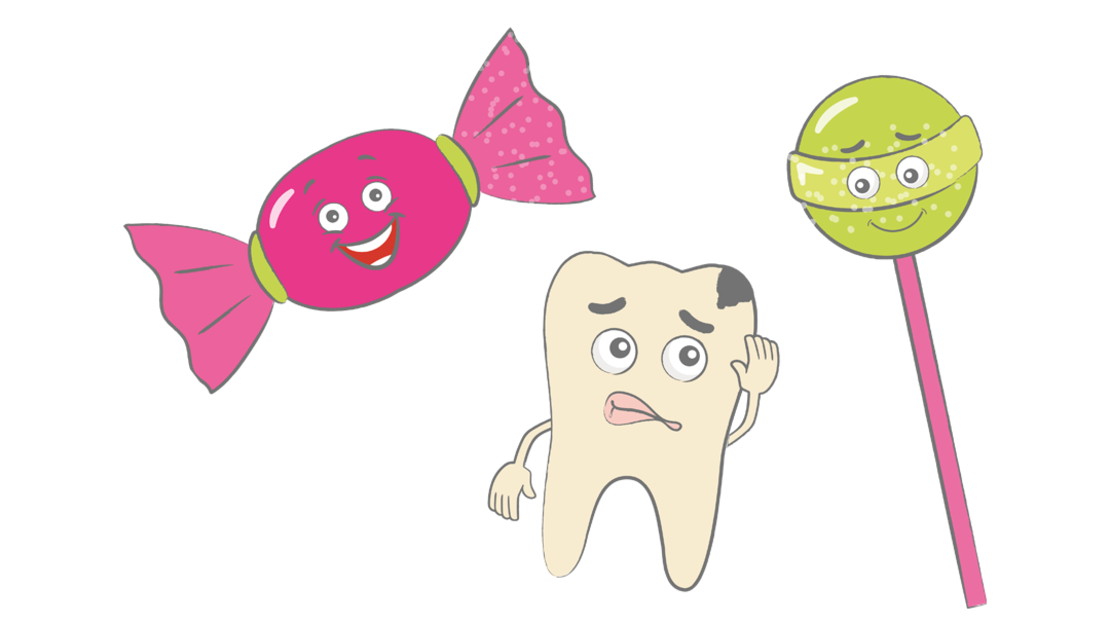 Ein besorgter Cartoon-Zahn mit Karies blickt auf lächelnde Cartoon-Süßigkeiten - ein eingewickeltes Bonbon und ein grüner Lutscher mit Gesichtern.