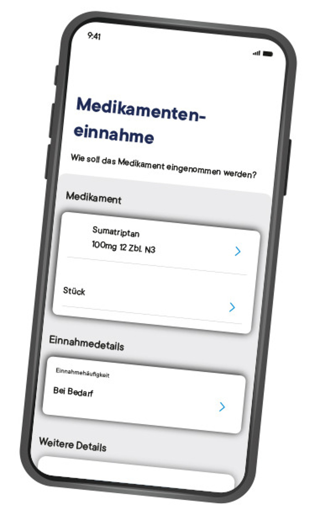 Auf dem Bildschirm eines Smartphones wird die Seite für Medikamenteneinnahme der vivida bkk-App angezeigt