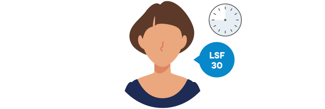 Illustration einer Person, die Sonnencreme auf ihr Gesicht aufträgt, mit einer Uhr im Hintergrund und der Aufschrift "LSF 30" daneben, die den Sonnenschutz und den LSF 30 betont.