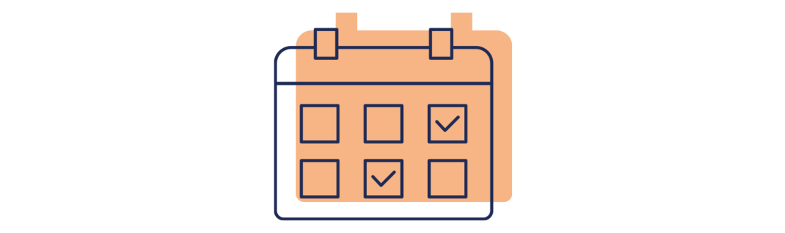 Minimalistische Illustration eines Kalenders mit sechs Quadraten, von denen drei mit Häkchen versehen sind. Der Kalender ist dunkelblau umrandet mit einem hellorangenen Tab und Hintergrundakzent. Das Bild ist auf einem hellgrauen Hintergrund zentriert.
