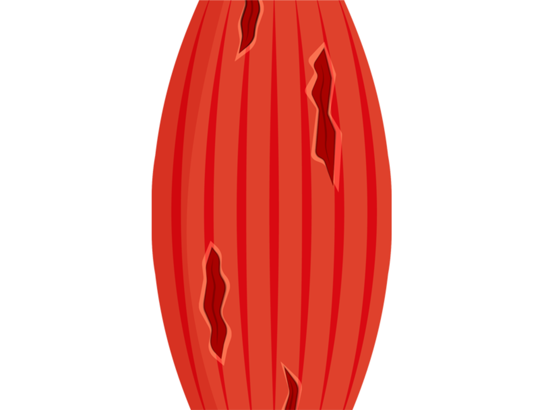 Eine Illustration eines roten American Football mit schwarzen, gezackten Rissen auf der Oberfläche, vertikal auf weißem Hintergrund.