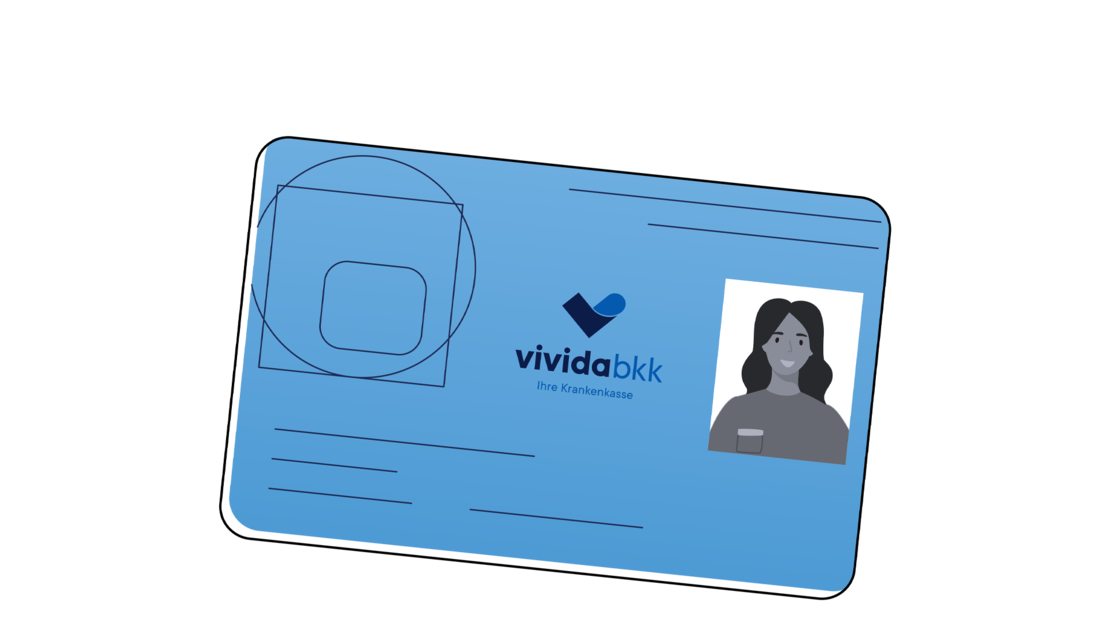 Eine blaue Krankenversicherungskarte mit der Aufschrift "vivida bkk" mit einem Logo, Zeilen für Informationen und einer Graustufenabbildung einer Frau im Bereich des Lichtbildausweises.