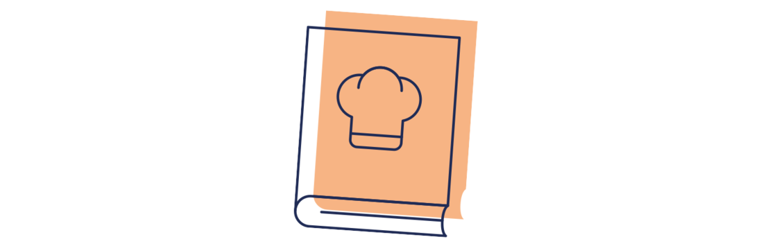 Minimalistische Illustration eines Rezeptbuchs mit dem Umriss einer Kochmütze auf dem Umschlag, vor einem schlichten weißen Hintergrund.