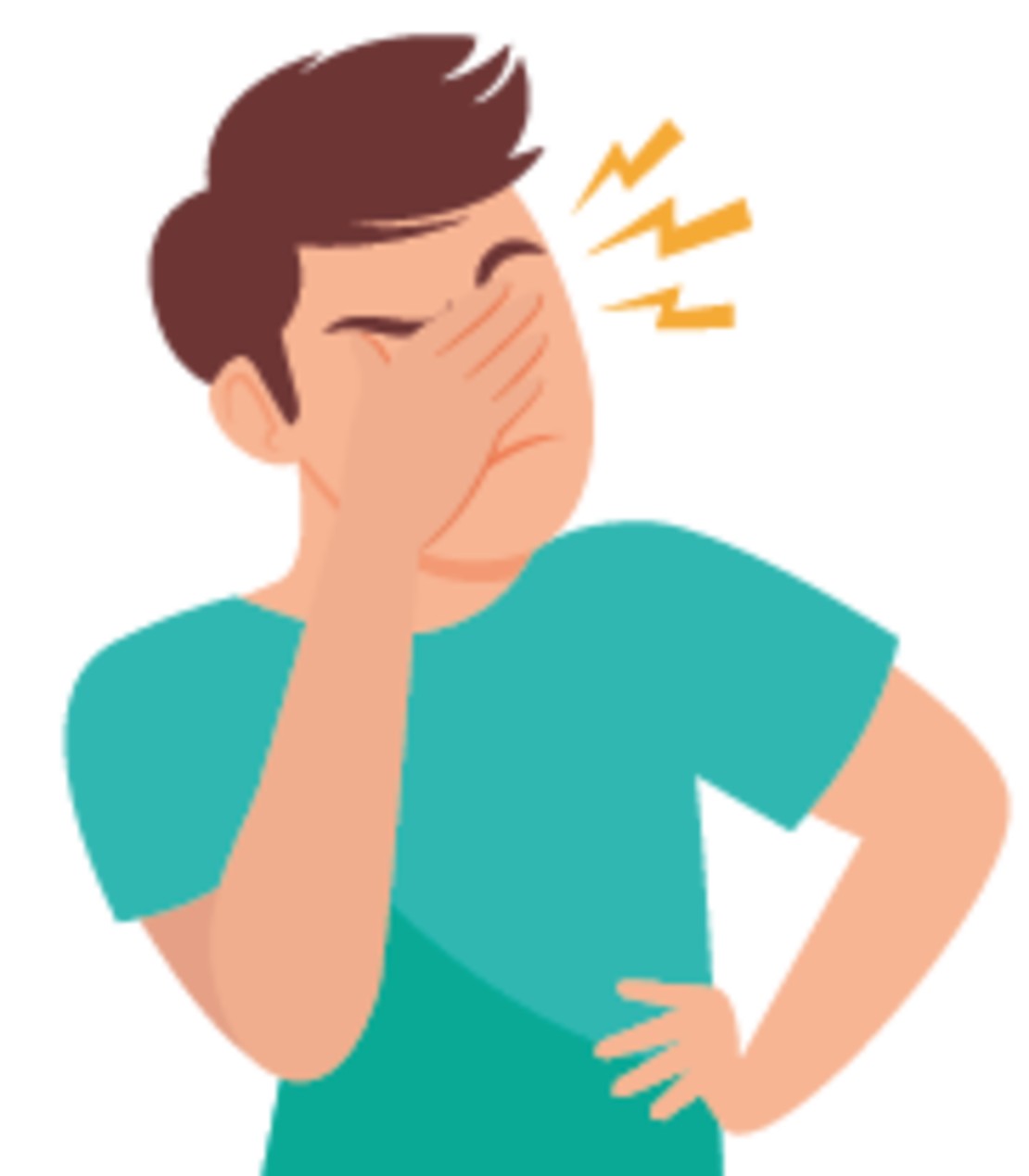 Illustration einer Person mit kurzen braunen Haaren, die ihr Gesicht in einer Hand hält, mit geschlossenen Augen und gelben Linien in der Nähe ihres Kopfes, die Schmerz oder Frustration anzeigen.