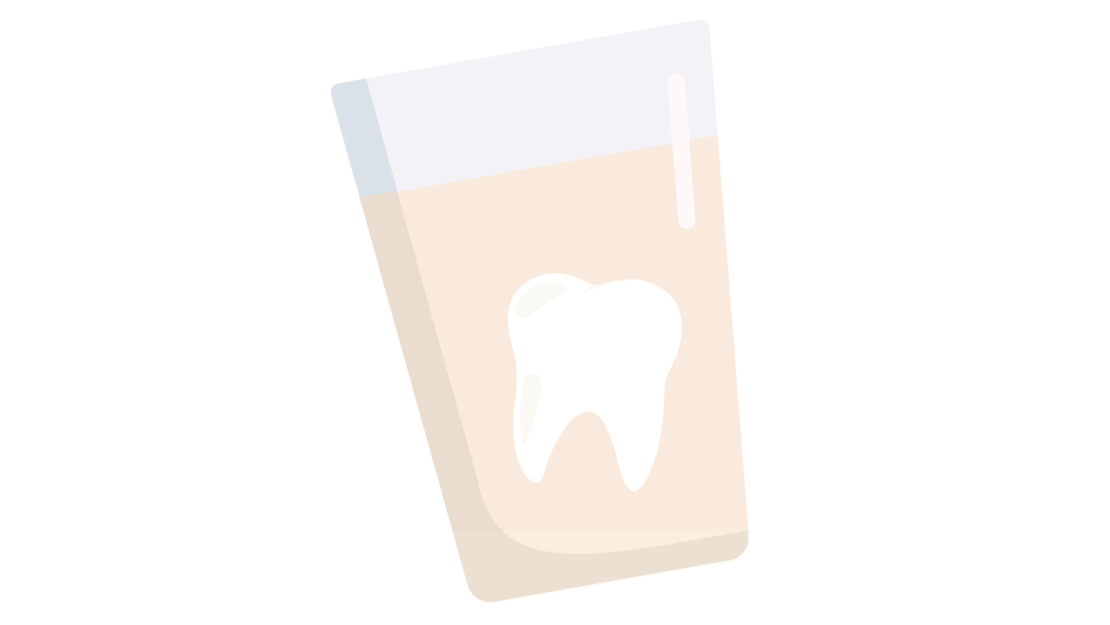 Eine minimalistische Illustration eines Glases, das mit einer blassen Flüssigkeit gefüllt ist, mit einem weißen Zahnsymbol in der Mitte, das Zahn- oder Mundpflege symbolisiert.