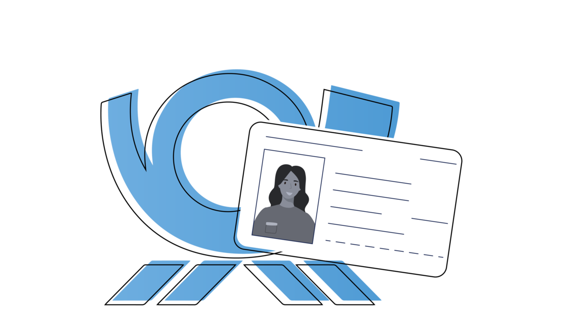Illustration eines großen blauen Urheberrechtssymbols mit einem allgemeinen Ausweis, auf dem das Foto einer Frau abgebildet ist und vor dem Linien für Text stehen.