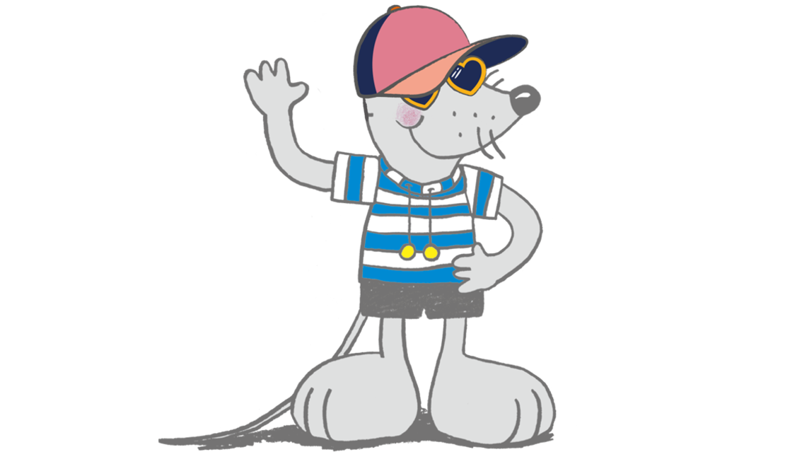Cartoon-Maus, die eine Sonnenbrille, ein blau-weiß gestreiftes Hemd, blaue Shorts, eine rot-blaue Mütze und eine Pfeifenkette trägt, mit einer Hand winkt und lächelt.