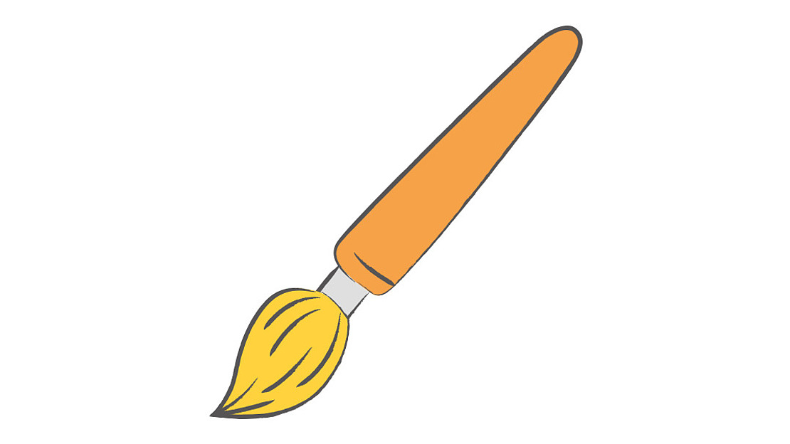 Eine einfache Illustration eines Pinsels mit orangefarbenem Griff und gelben Borsten vor weißem Hintergrund.