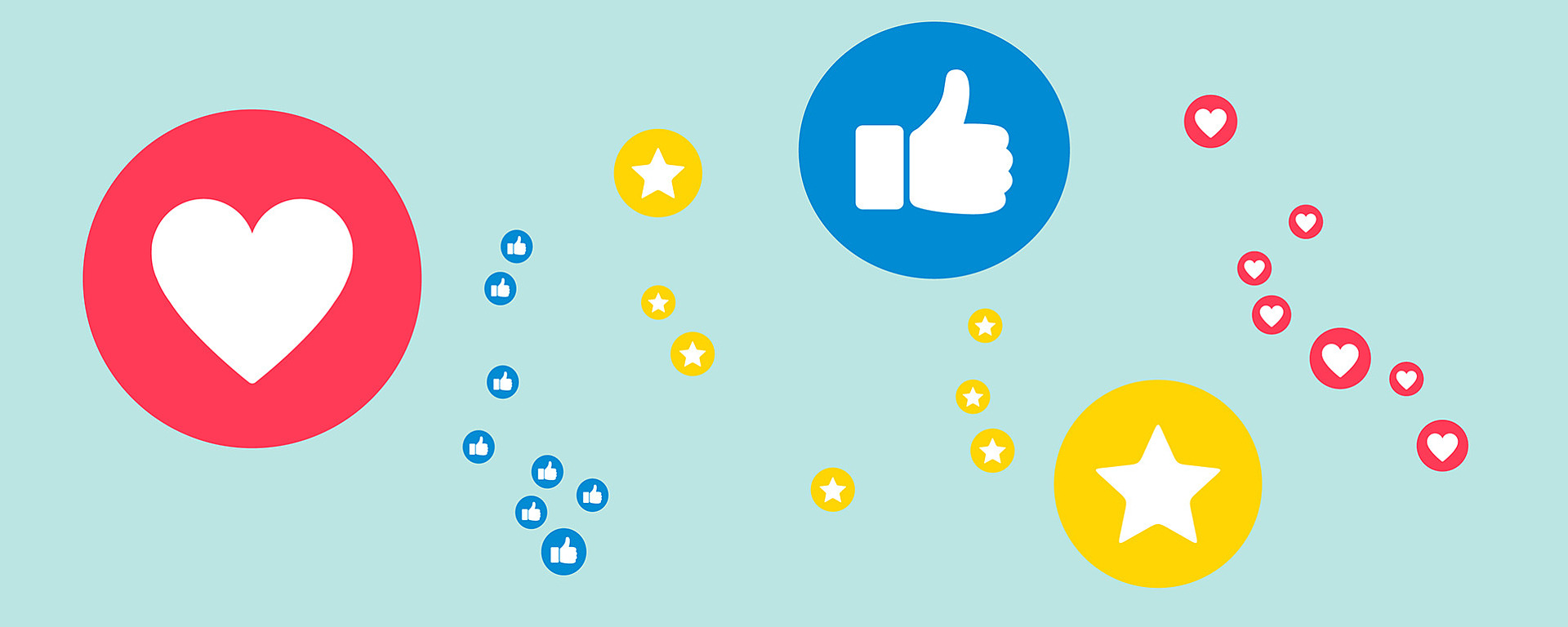 Bunte Social-Media-Symbole auf hellblauem Hintergrund, darunter ein großes Herz, ein Daumen nach oben und ein Stern, mit kleineren passenden Symbolen, die um sie herum verstreut sind.