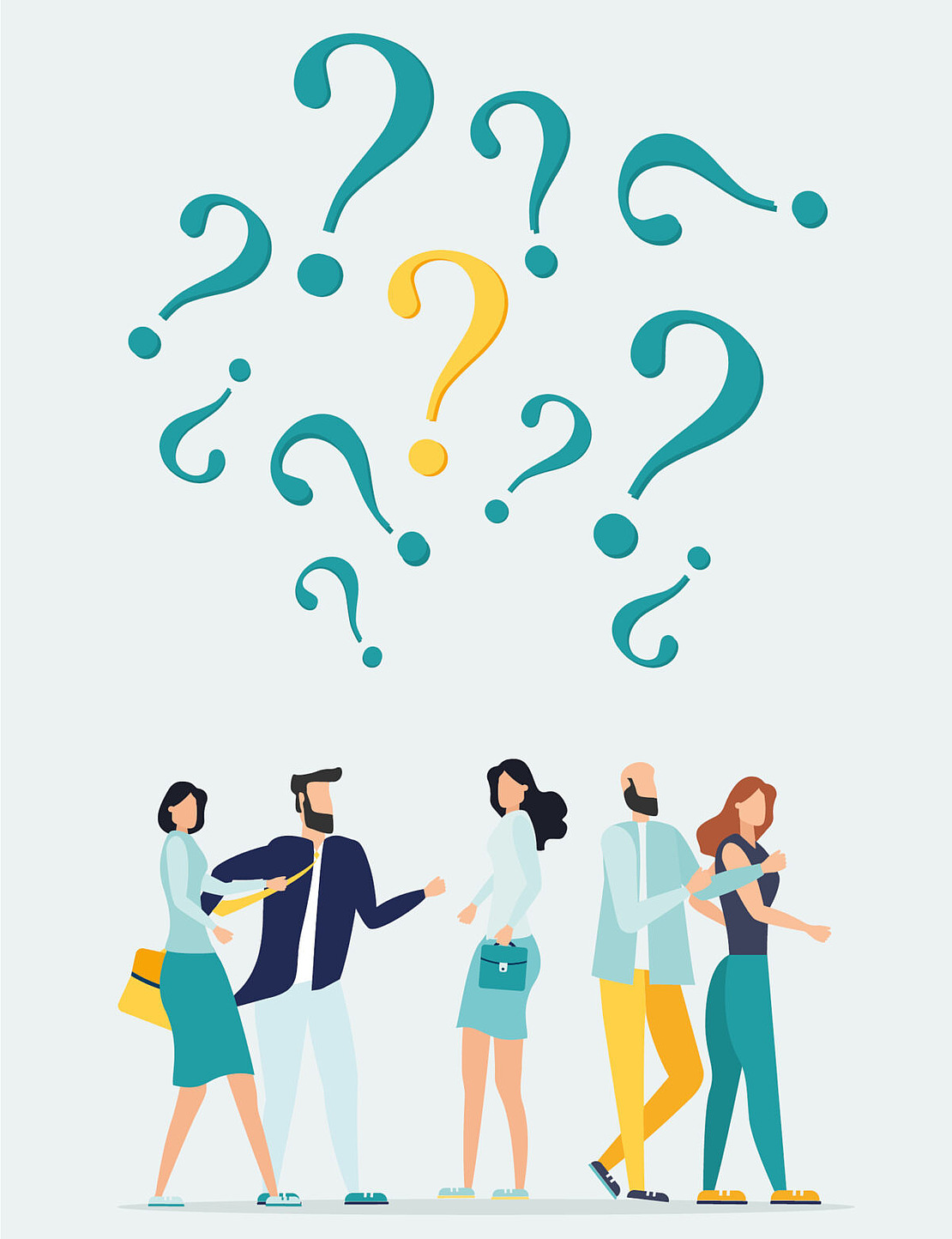 Illustration mit Menschen und Fragezeichen